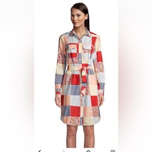 Landsend Women's Cotton Patchwork Poplin Button Front Shirt Dress